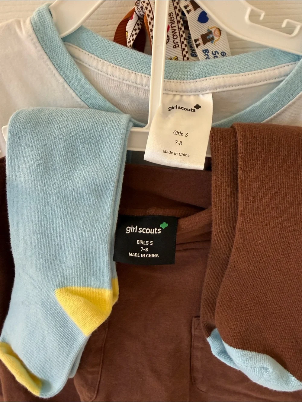 Brownie Girl Scouts Uniform. Tee shirt with skort and socks